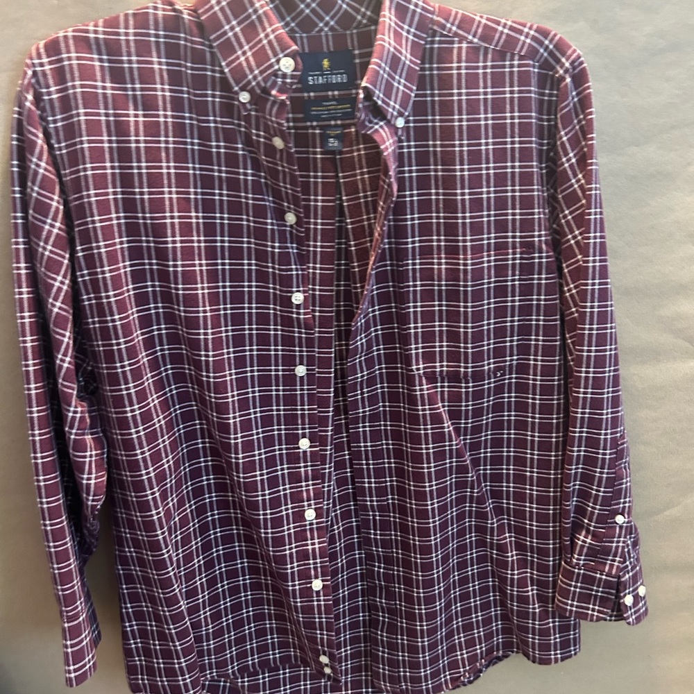 Stafford Men's Maroon Checkered Button Down Shirt